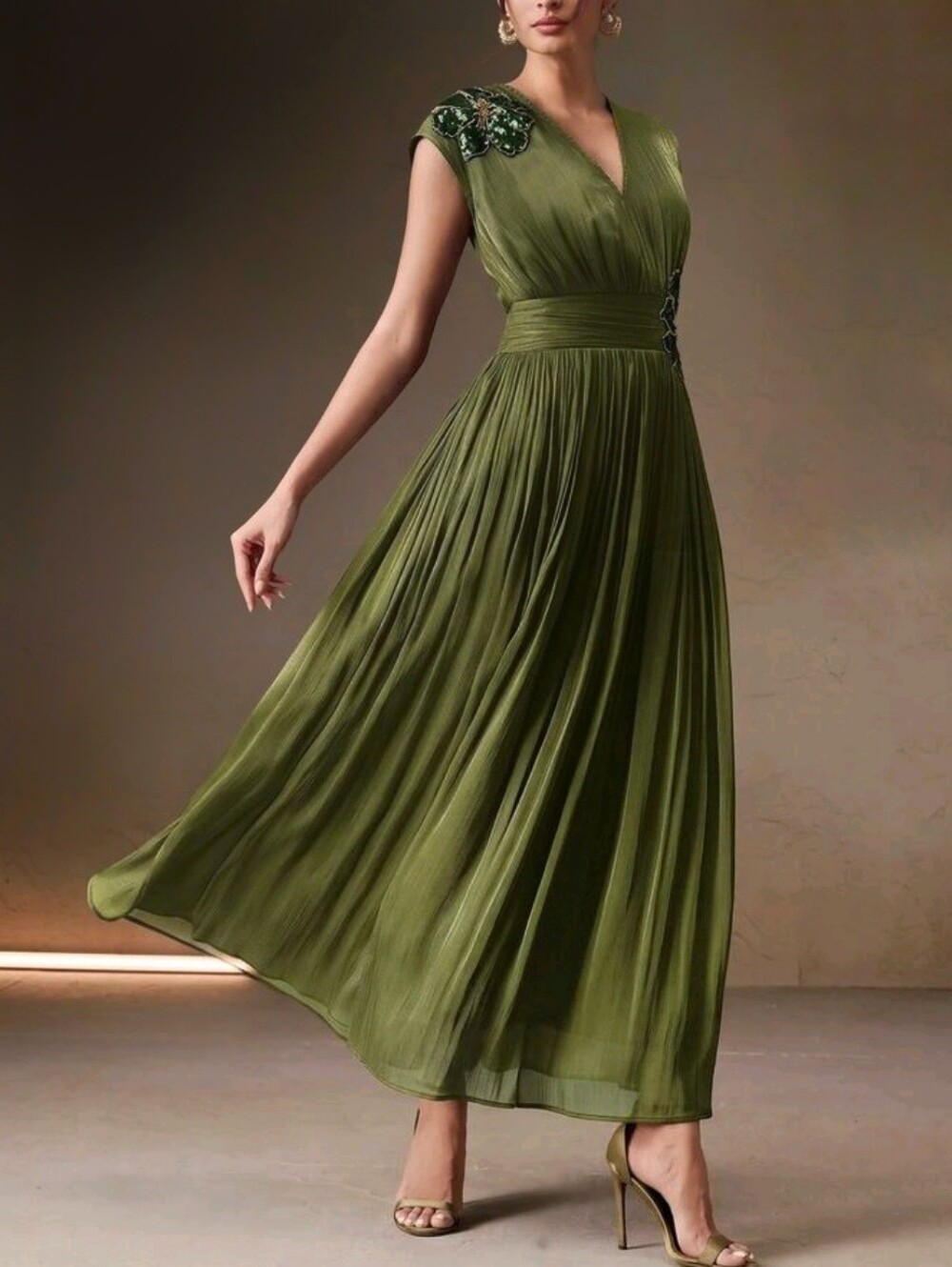 New Metallic Sequin Beaded 3D Flower Maxi Dress Ruched Waist Olive Green - Picture 4 of 15